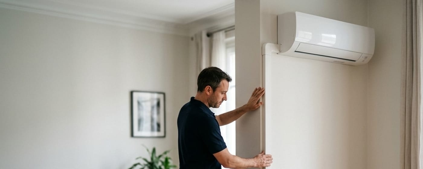 Installateur qui ajuste l'habillage de la liaison sous une unité intérieure de climatisation réversible