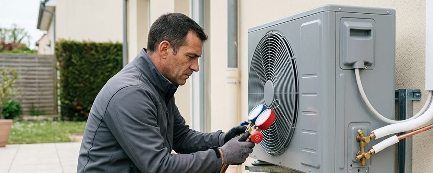 Frigoriste au manifold pour la mise en service du groupe extérieur d'une pompe à chaleur air-air
