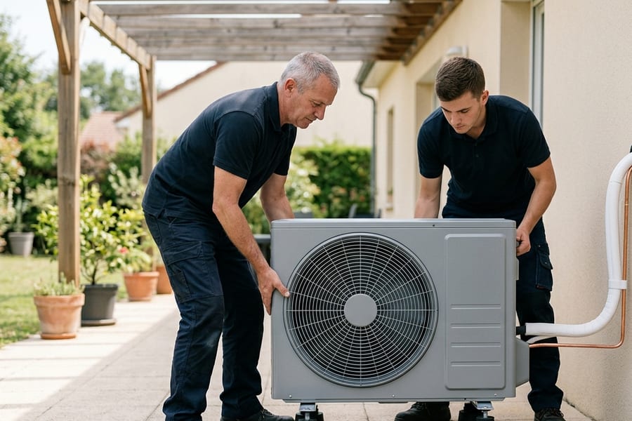 Un installateur fixe le groupe extérieur de la climatisation sur la façade