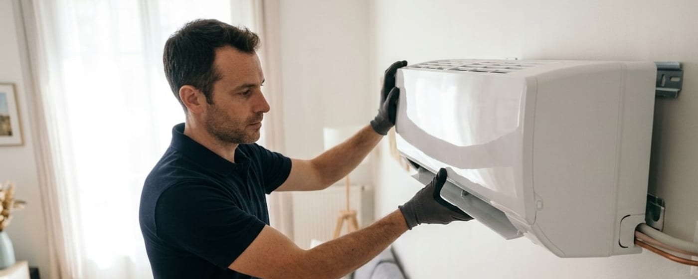 Installateur qui fixe une unité intérieure de climatisation réversible au mur d'un salon