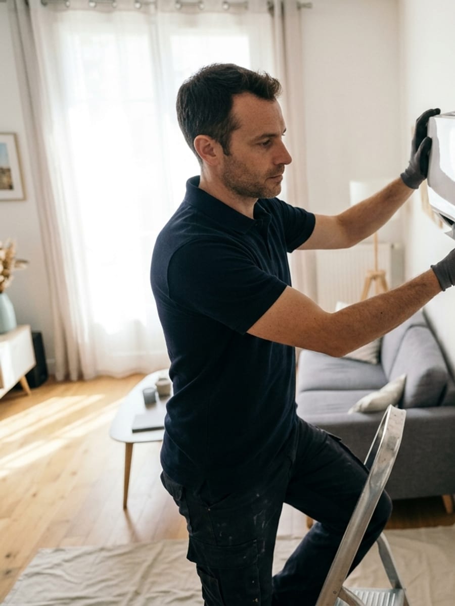 Un installateur pose une unité murale de climatisation dans un salon