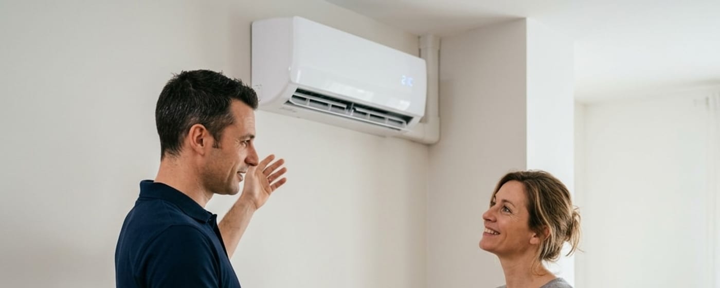 Installateur qui remet la télécommande de la climatisation réversible à une cliente, sous l'unité intérieure