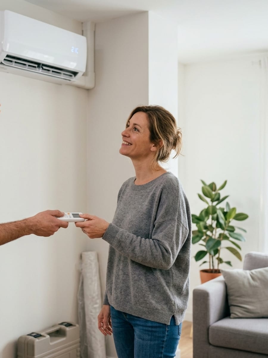 Une cliente prend en main la télécommande de sa climatisation réversible
